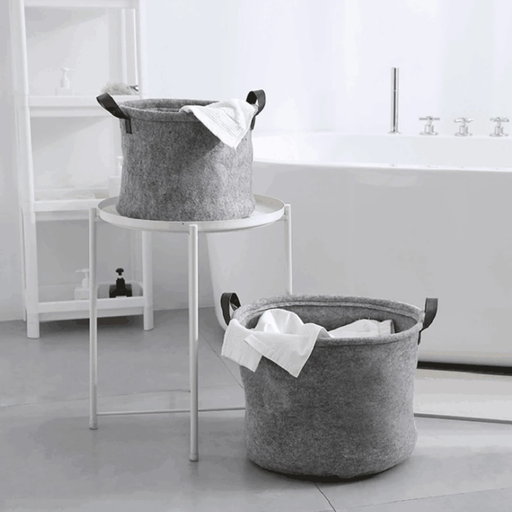 

Round Folding Laundry Basket Grey Felt Storage Basket Bin Handle Bedroom Closet Clothing Toy Storage Bucket Laundry Organizer
