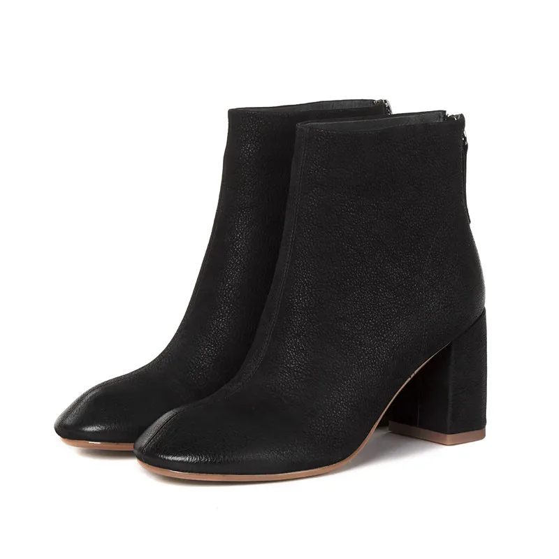 

Autumn Ankle Boots Women Natural Genuine Leather Thick High Heels Short Boots Zipper Square Toe Shoes Female Size 34-42 Booties