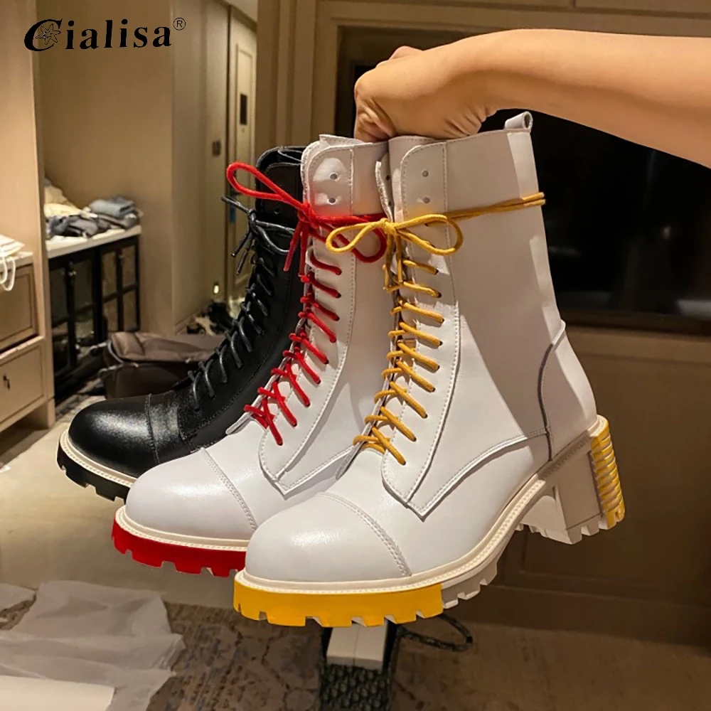 

Kanseet Women Shoes 2020 Fashion New Genuine Leather Round Toe Lace Up Platform High Heel Boots Winter Warm Mid-Calf Boots