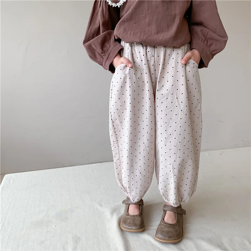 

2021 Весенняя детская одежда в Корейском стиле в горошек фонаря штанишки, унисекс, для мальчиков и девочек, Свободные повседневные брюки, для ...