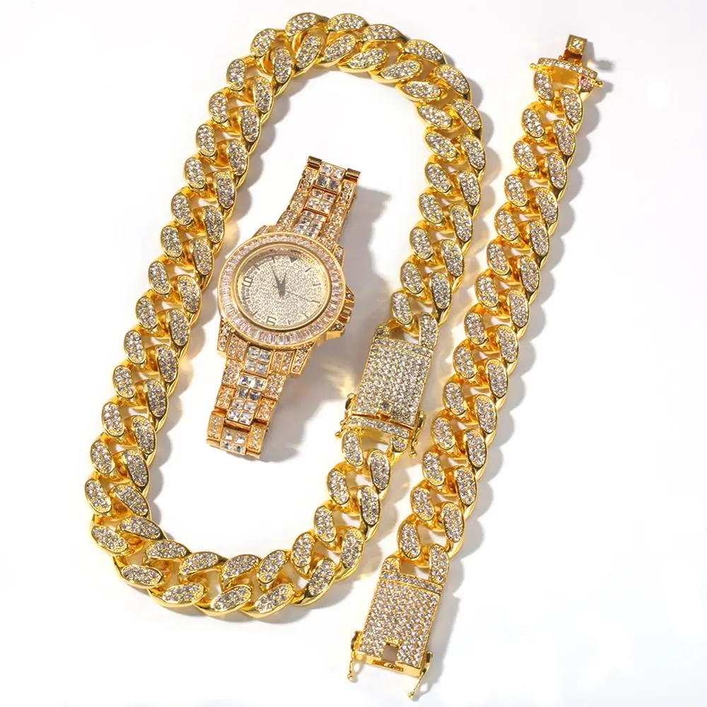 

Super Quality Hip Hop Iced Out Necklace Watch Bracelet Miami Cuban Chain Set Gold Color Rhinestone Jewelry For Men Women