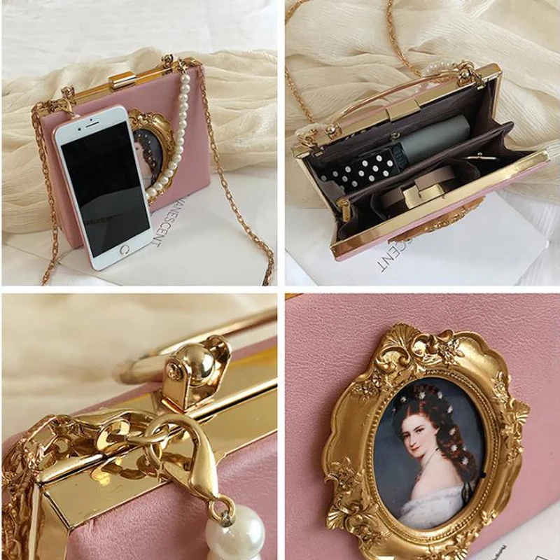 

Fashion Hard Surface Box Bags Women Evening Bags Clutches With Pearl Portrait Decoration Female Fashion Party Shoulder Pouch