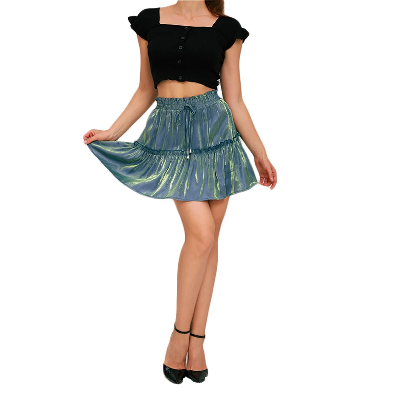 

QRWR 2021 Women Skirts fashion High Waist A Line Solid Short Skirts Female Summer Pleated Ruffles Cute mini Short Skirt Women