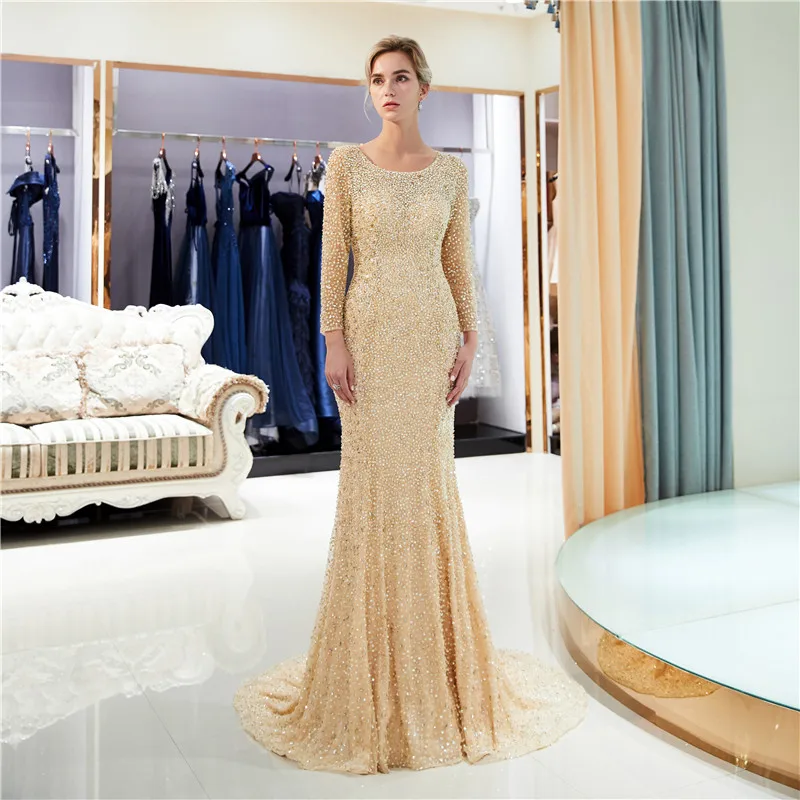 Luxury Slim Mermaid Bling Bling Women Dubai Prom Dresses Sequins Long Sleeves Women Evening Party Gowns Sexy Open Back Spring