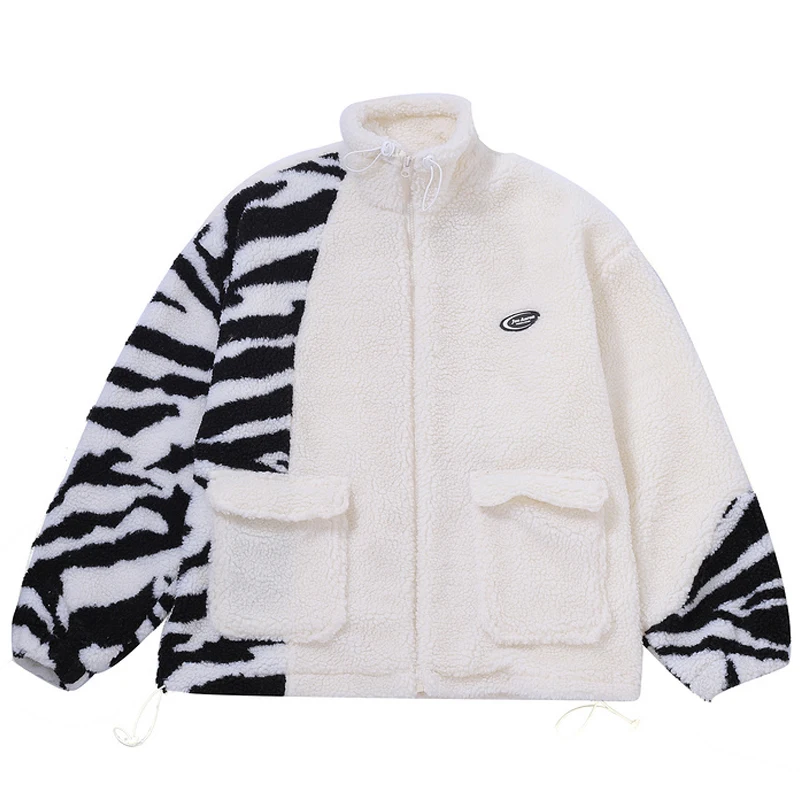 

Unisex Harajuku Vintage Zebra Pattern Patchwork Lamb Wool Jacket Outwear Men Oversize Retro Thicken Warm Fleece Pockets Jackets