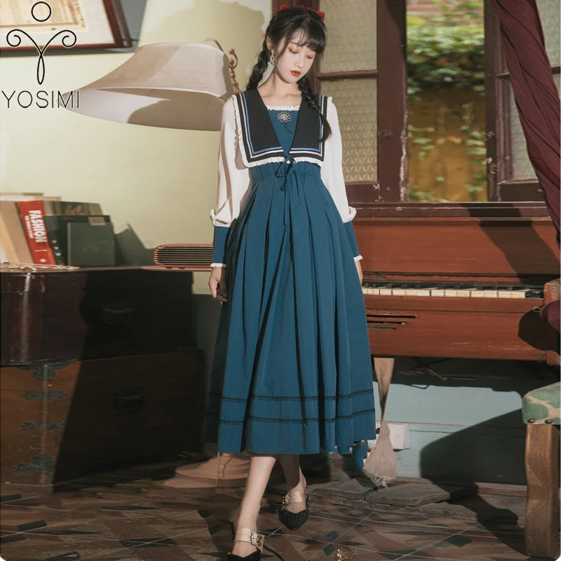 

Женское винтажное длинное платье YOSIMI, Зеленое Длинное Платье до щиколотки с вышивкой с матросским воротником и длинными рукавами, осень 2020