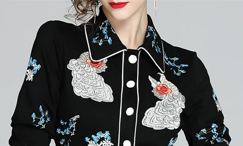 

JSXDHK Women Autumn Elegant Floral Embroidery Dress 2020 High Quality Female Wrist Sleeve Black Office Lady A-Line Dress New
