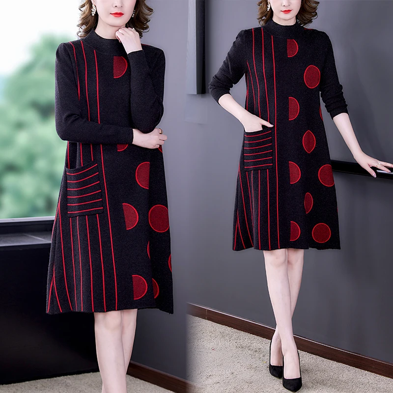

2021 Autumn Winter Oversize Loose Thick Sweater Dress Women Sleeve Straight Maix Dresses Female Warm Knee-Lenght Knit Dress