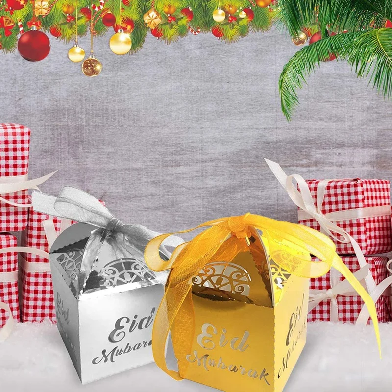 

Лидер продаж, 50 шт., золотые и серебряные коробки Happy Eid Mubarak, бумажная лента с искусственным жемчугом, коробки для конфет
