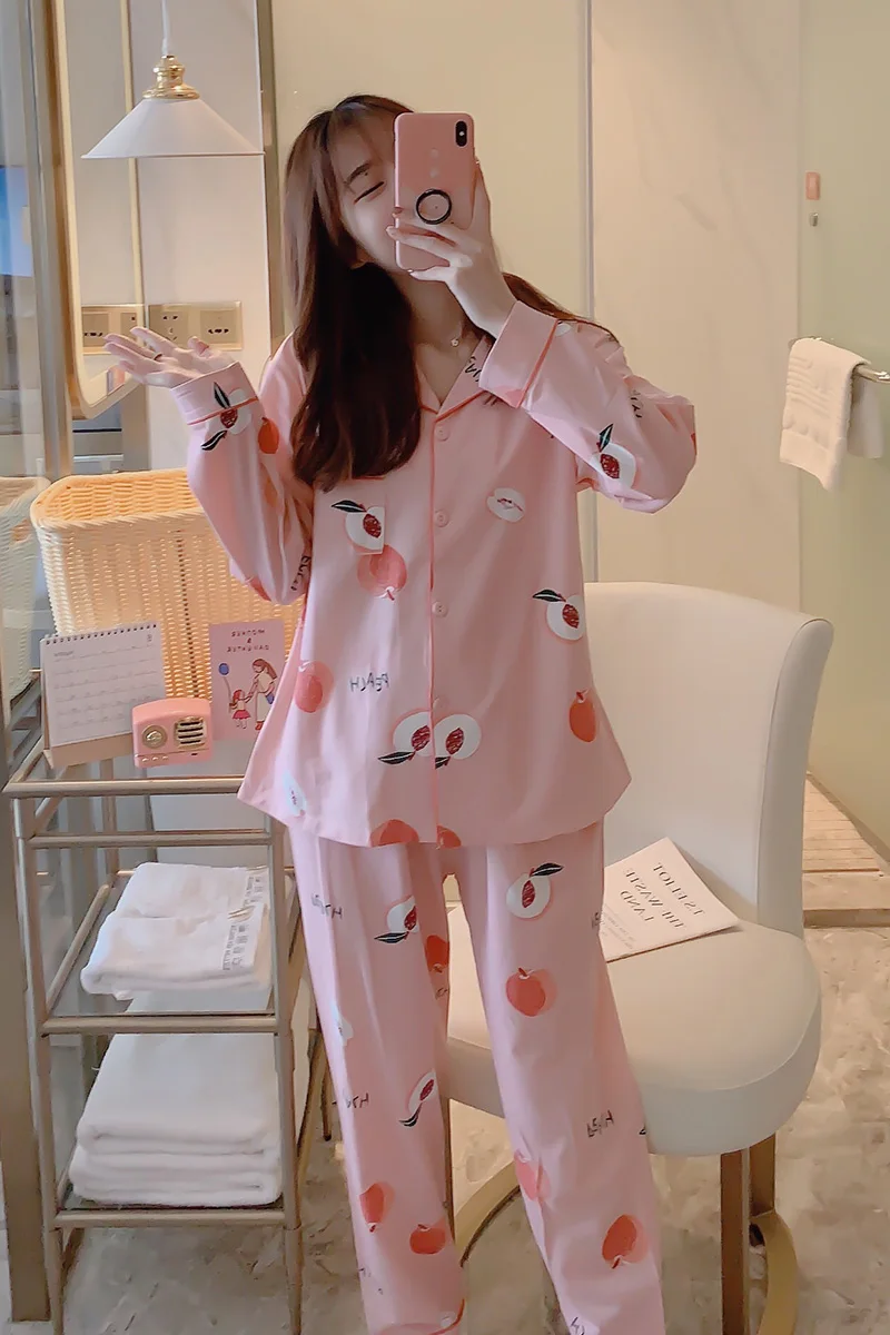 

Autumn Winter New Women Long Sleeve Pajamas Set Cardigan Lapel Female Pajama Set 2piece Honey Peach Print Sleepwear pyjamas 9084