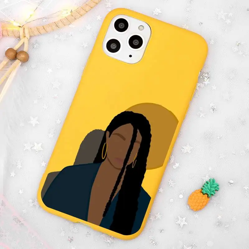 

Black braids black girl fashion cartoon Phone Case Candy Color Yellow for iPhone 11 12 pro XS MAX 8 7 6 6S Plus X 5S SE 2020 XR