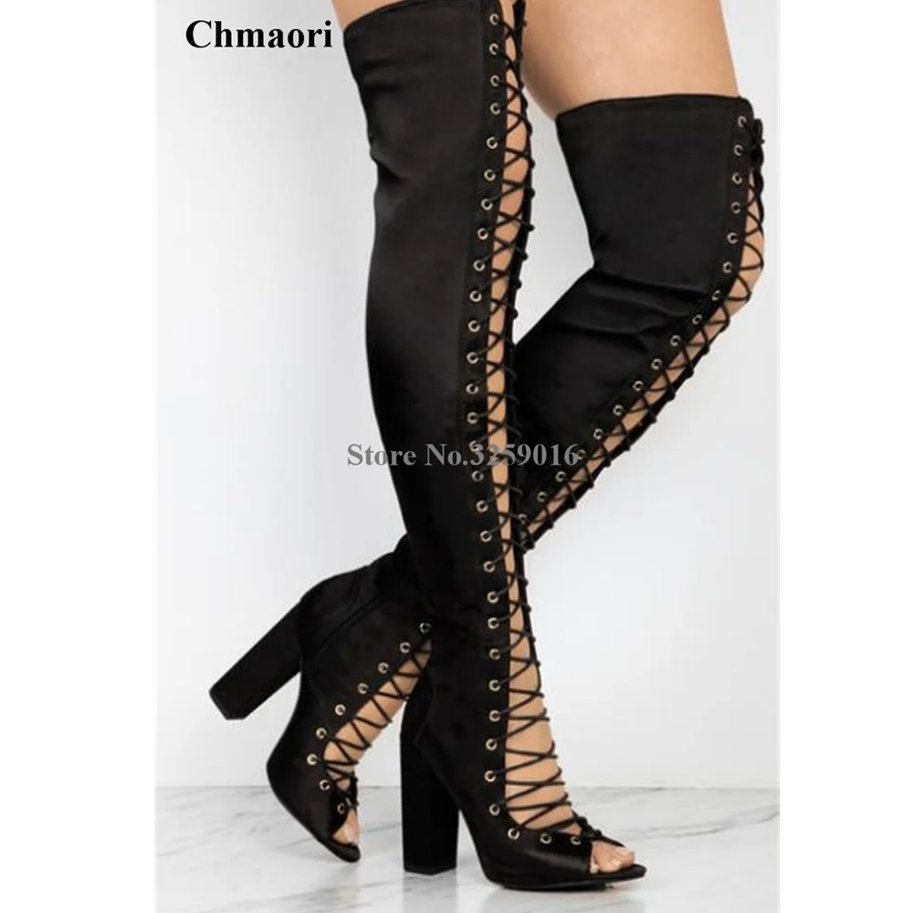 

Newest Spring Women Fashion Open Toe Black Suede Over Knee Chunky Gladiator Boots Lace-up Slim Thigh Long Thick High Heel Boots