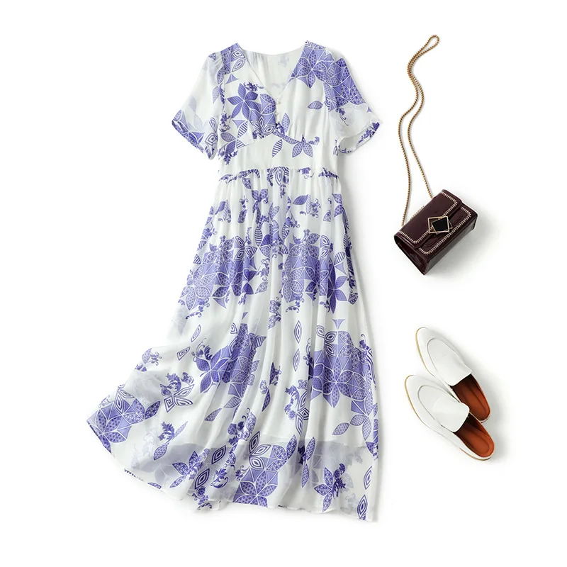 

New mulberry Silk dress Short Sleeve Medium Length Waist Closing show Thin Printed skirt