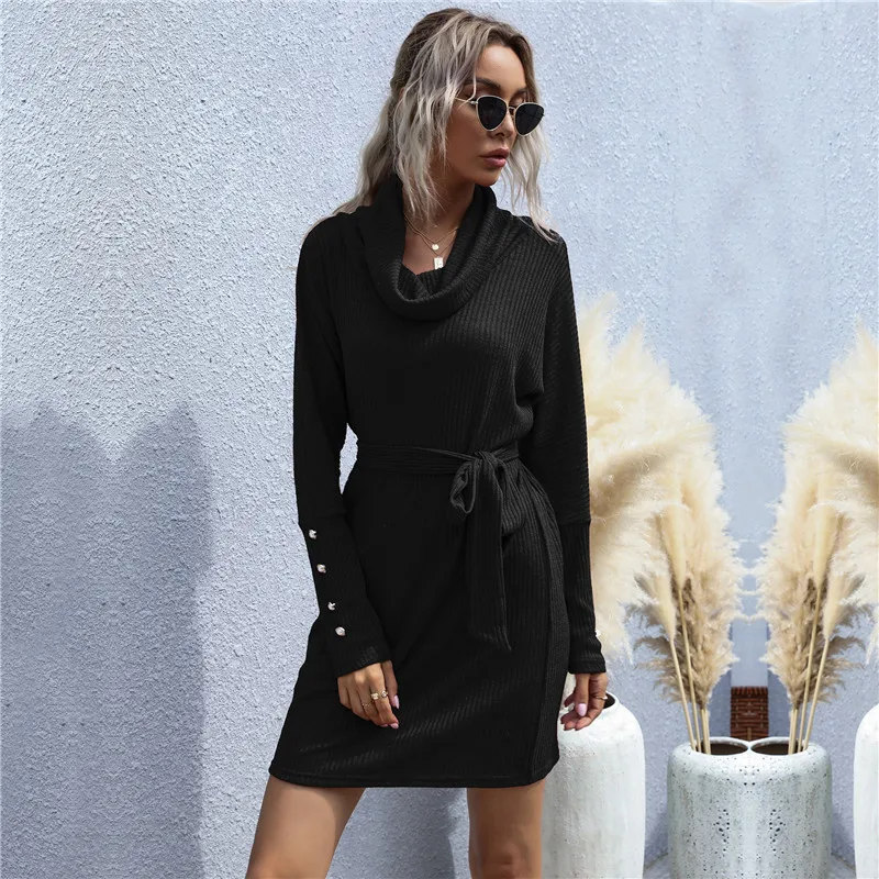 

Turtleneck Knitted Bandage Dress Women Casual V Neck Full Sleeve Solid Color Autumn Winter Dress For Women 2021 New Fashion