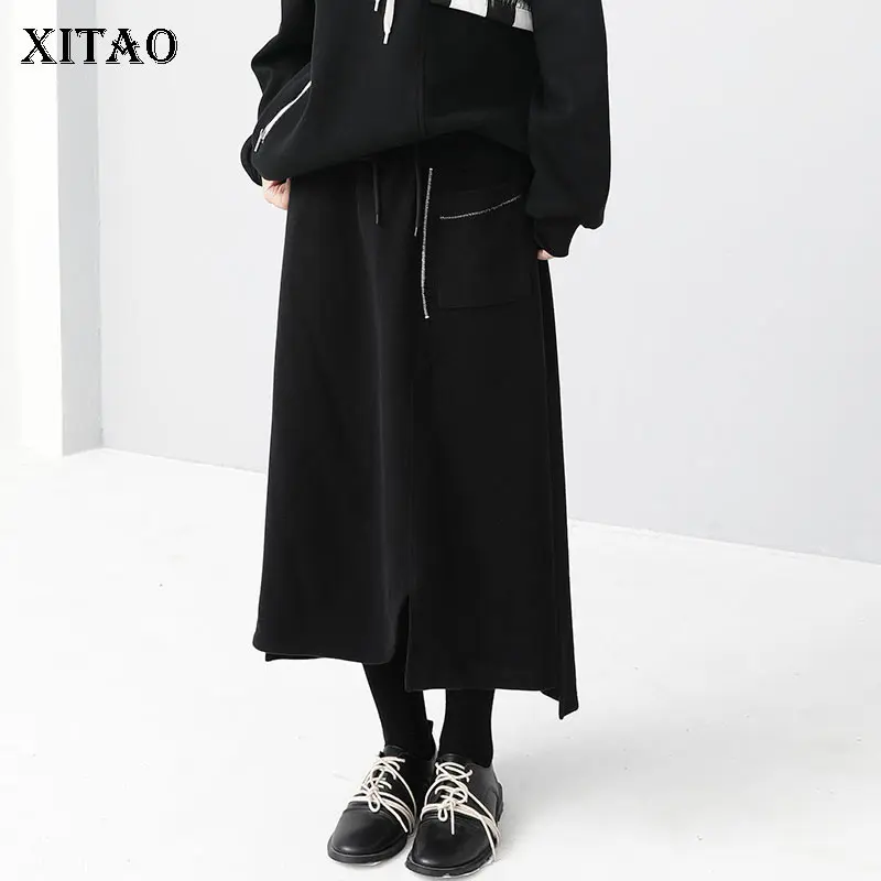 

XITAO Black All-match Skirts Fashion Simplicity Lacing Elastic Waist Solid Color Single Pocket Decorate Casual Women GWJ2570