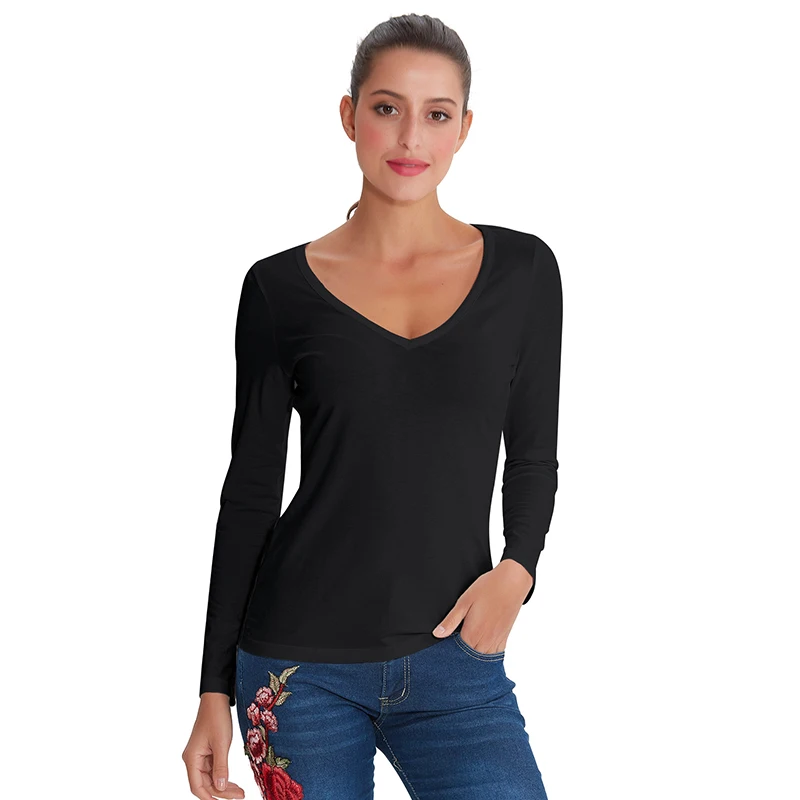 

2021 Spring Women V-Neck Cotton Long Sleeve T Shirt Plain Solid White Casual Female Slim Basic Tees