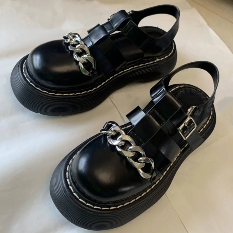 

Women Summer Shoes Ladies Black Sandals Female Casual Chaussures Chain Middle Heels Sandales Round Toe Sandalias Fashion