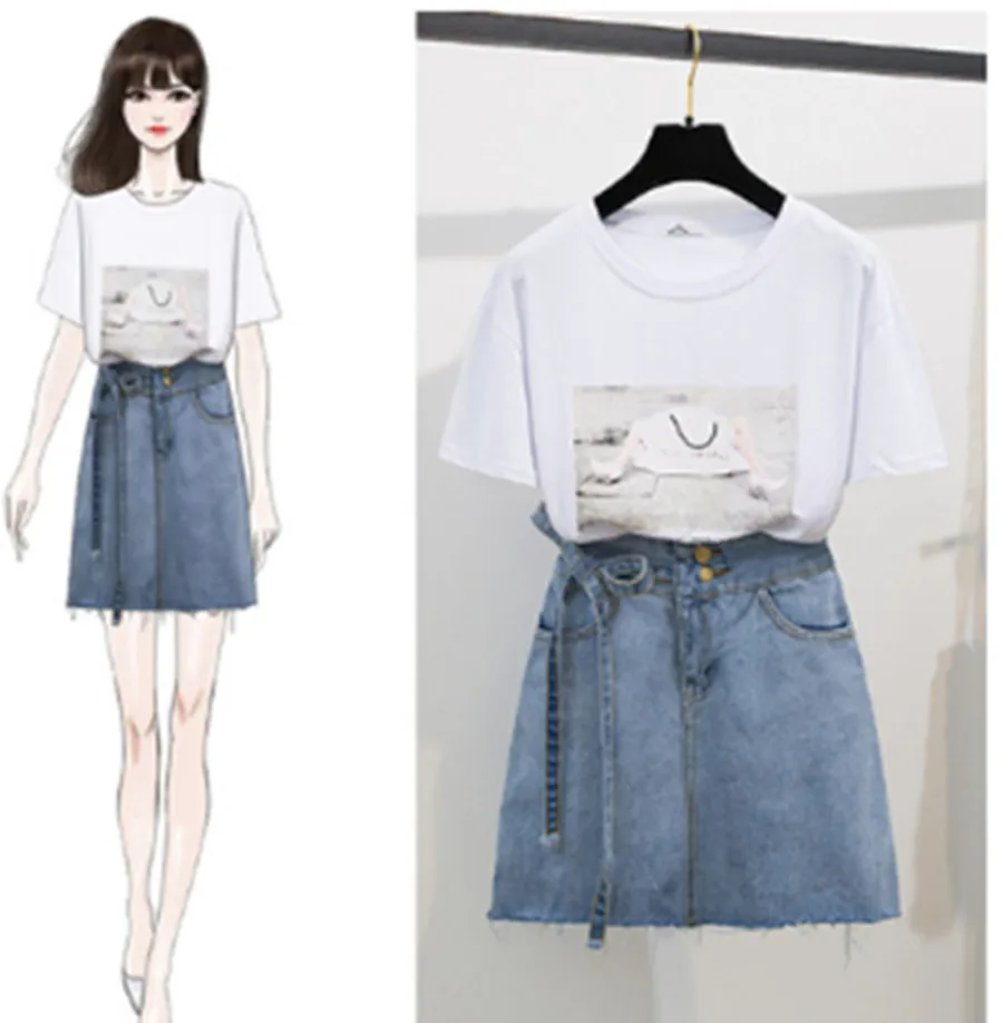 Женская футболка с модным принтом топы + короткая джинсовая юбка комплект из 2