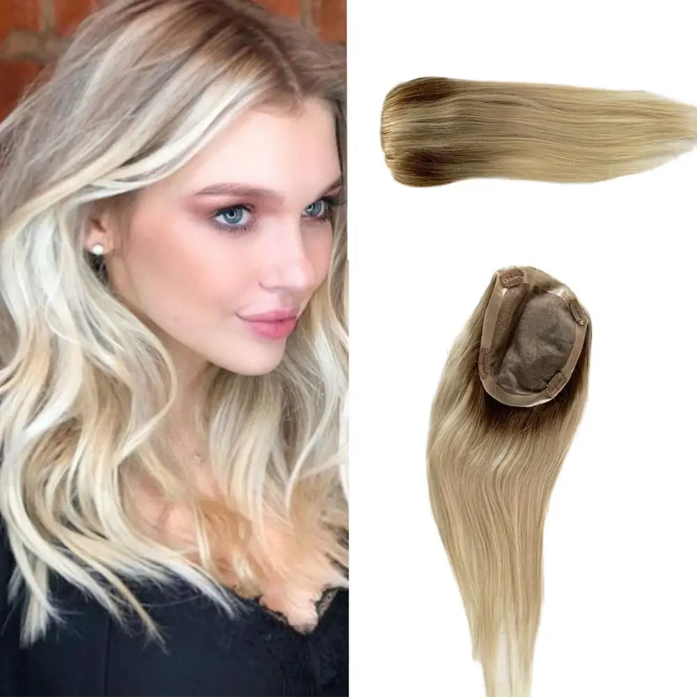 BYMC Toupee Woman ombre blonde Hair Top Piece European Remy Hair One Piece Hair Topper Mono Clip Wig for Less hair Women