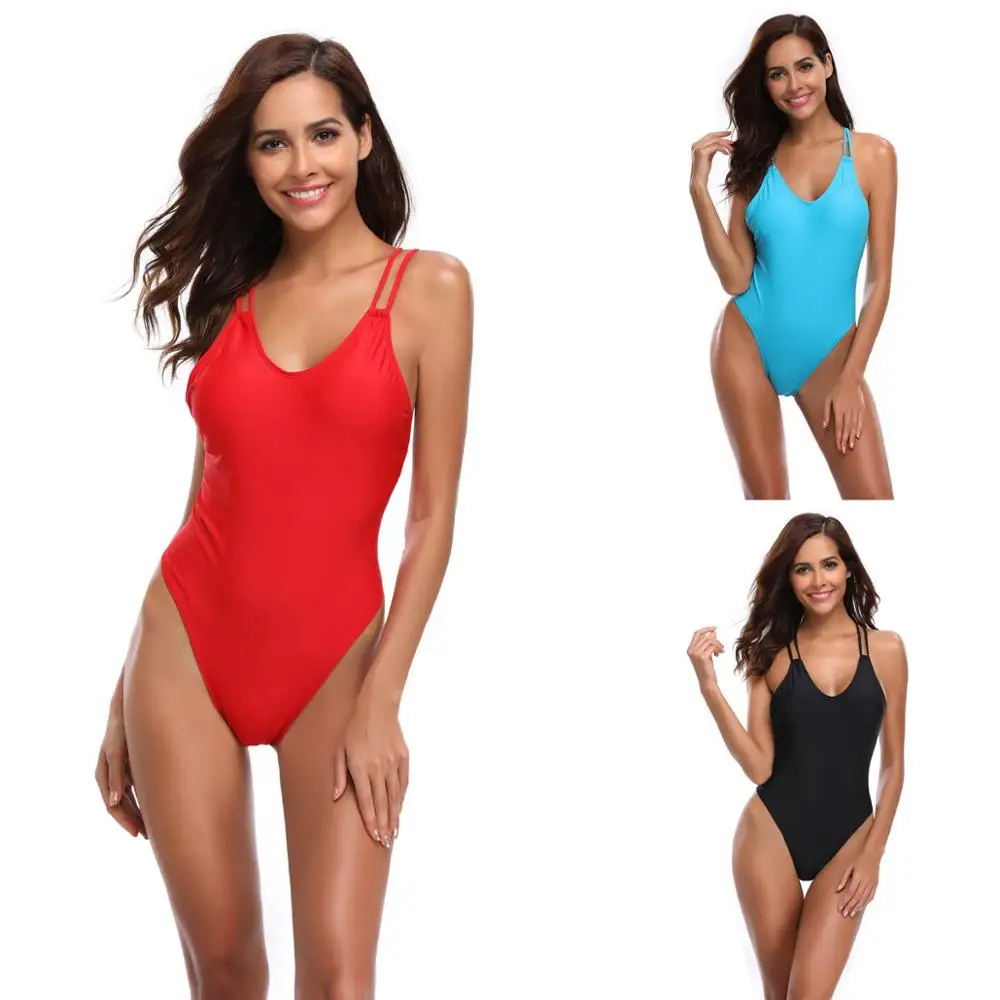 

OBSSKY Women Retro Monokini Plus Size One Piece Swimsuit Ladies Swimwear Double Bandage at Back Pure Color Red Black & Sky Blue