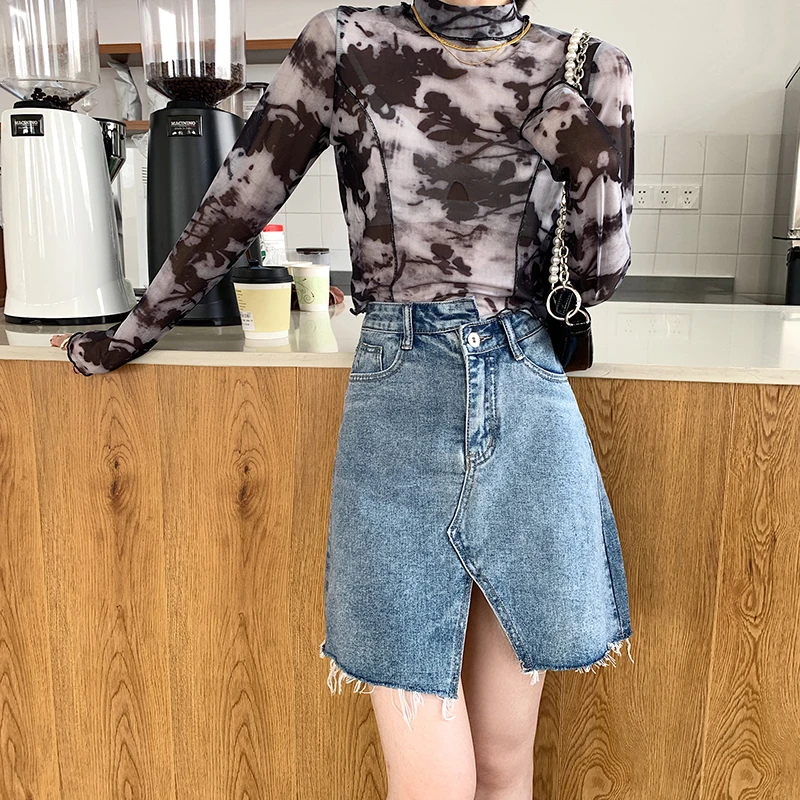 

Women's Summer New High Waist Irregular Slit Denim Skirt A- Line Dress Versatile Slimming Hhigh-Rise Frayed Hip Skirt For Women