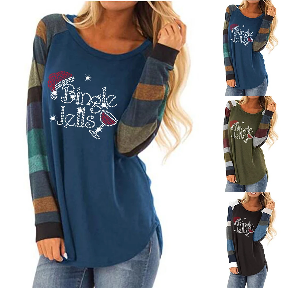 

Women Long Sleeve T-Shirt Christmas Crew Neck Casual Striped Blouse Xmas Tee Top Ladies Printed Pullover Shirt Loose Clothes