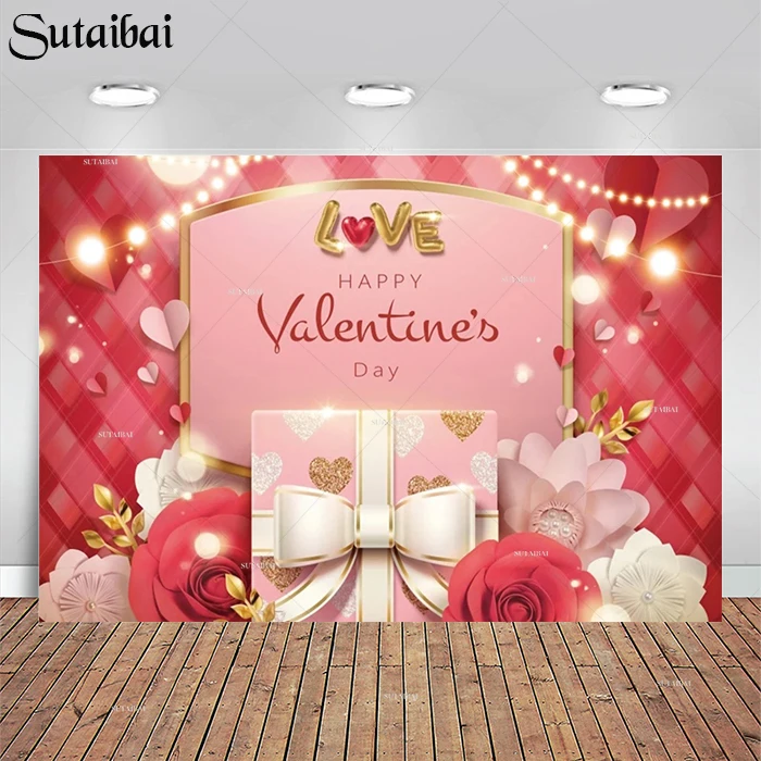 

Happy Valentines Day Red Rose Flower Child Family Portrait Photography Background Classic Lattice Decor Photocall Photo Backdrop