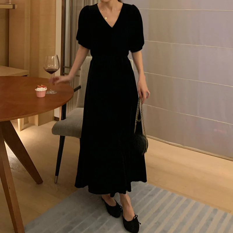 

Black Long Dresses Slim V Neck Short Sleeve 2022 Women Spring Summer Casual Female Lady Streetwear Fashion Dress C658
