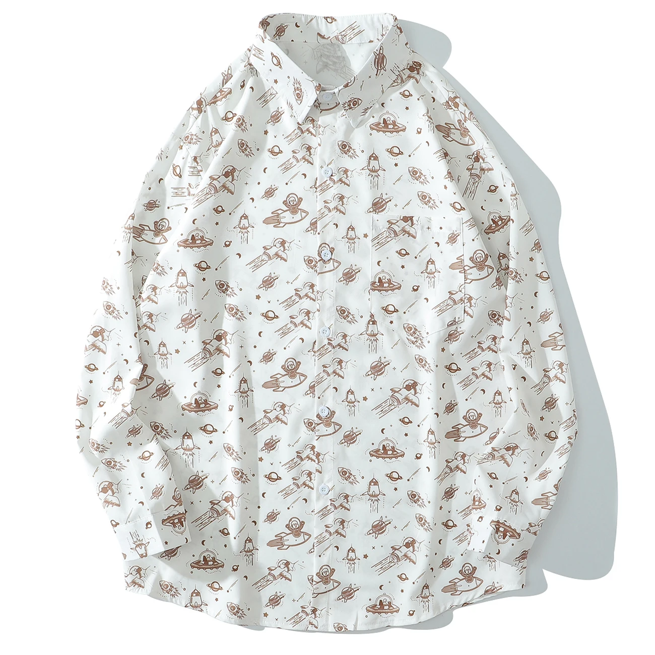 

Spaceship Rocket Print Long Sleeve Shirt Men Harajuku Streetwear Hawaiian Beach Shirts Hip Hop Cotton Oversize Button Shirt Tops