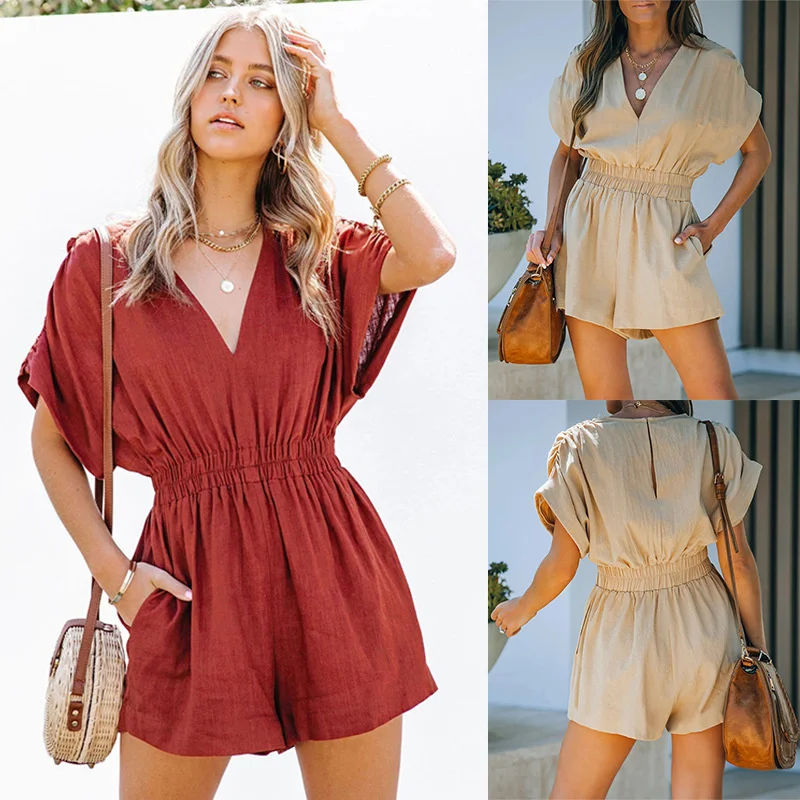 

Летний Новый женский комбинезон с шортами, Женский однотонный комбинезон с коротким рукавом и V-образным вырезом для женщин