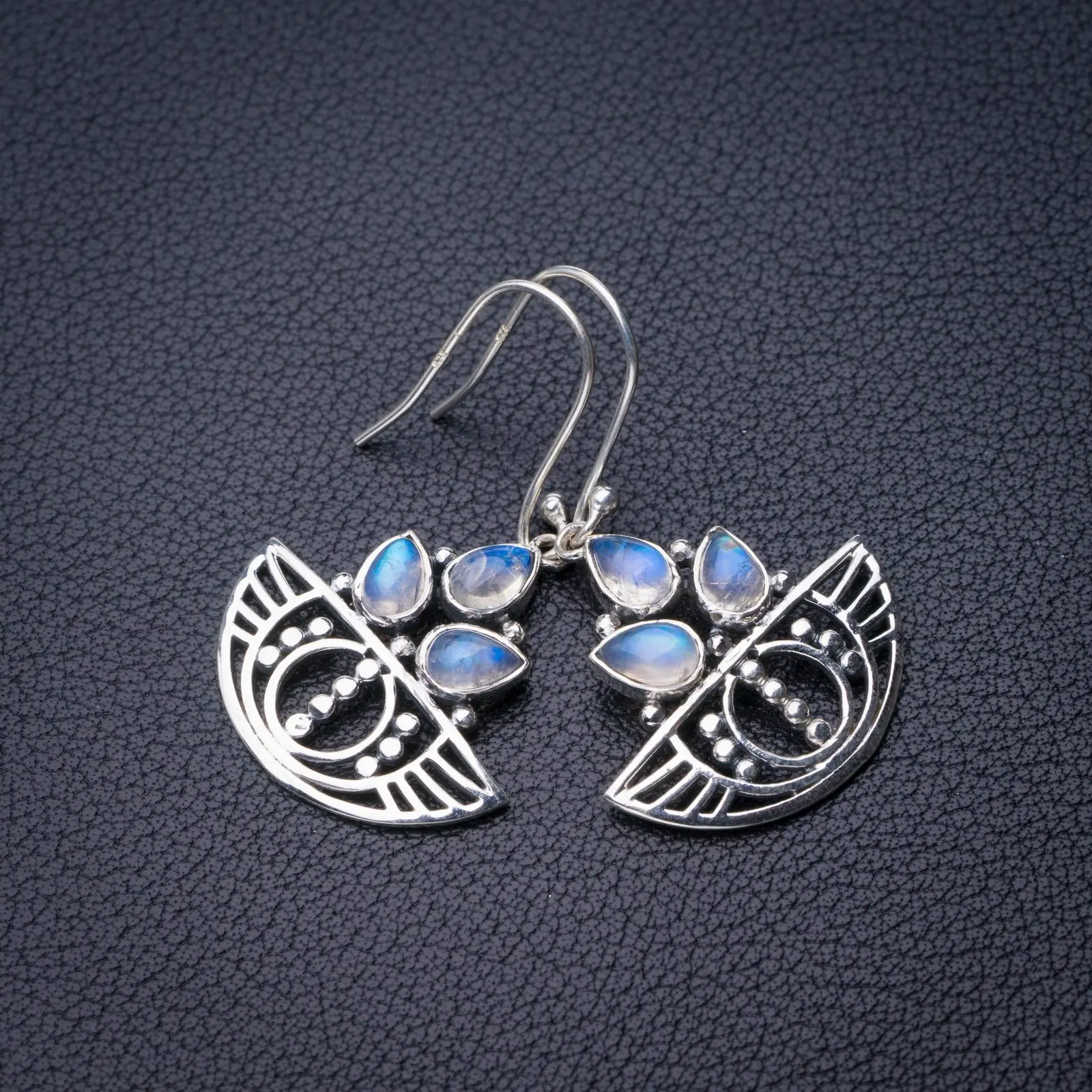 

StarGems Natural Rainbow Moonstone Handmade 925 Sterling Silver Earrings 1.5" D7228