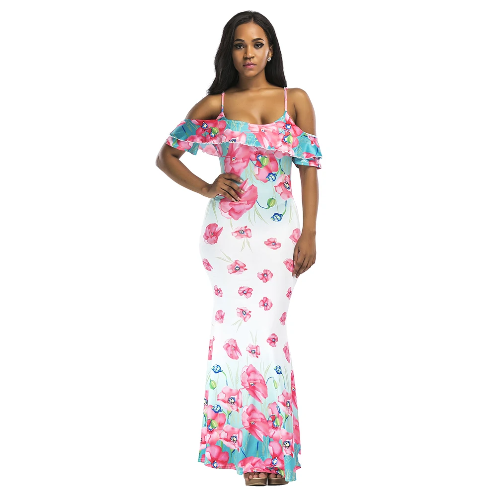 

Elegant Sexy Spaghetti Strap Ruffles Floral Print Bodycon Maxi Dresses Women 2020 Summer Casual Plus Size Slim Long Party Dress