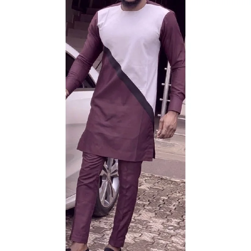 

Men's Patchwork Shirts+Dark Purple Solid Trousers Nigerian Style Cotton Pant Suits Custom Made African Wedding Party