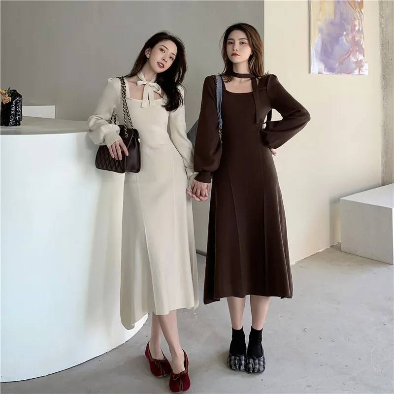 

Knitted Korea-Sleeved Dress Women's Spring and Autumn 2021 New French Style Small Waist Thin Temperament Long Dresses