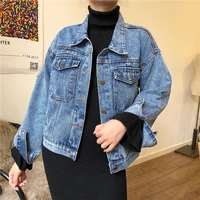 sougen all match jacket pure color lapel jacket denim fashion loose womens jacket autumn single breasted short womens clothing