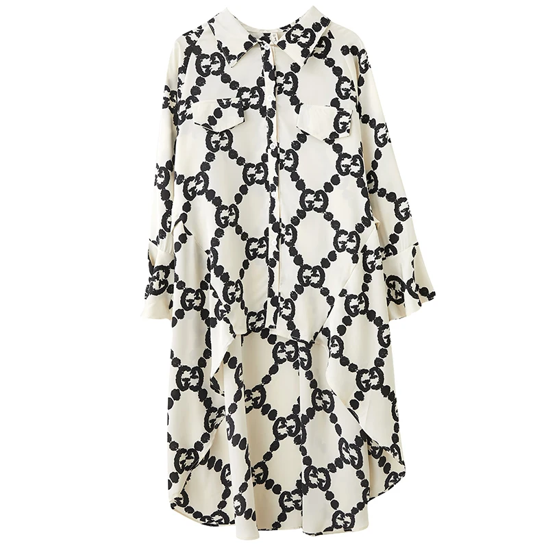 

COIGARSAM Print Shirt Womens tops Spring Loose Chiffon Women shirts Beige Black 1037