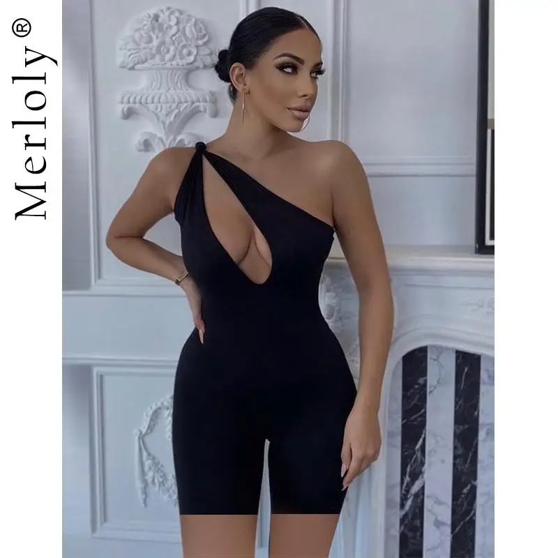 

Women Hollow Out Sexy Shorts Jumpsuits One-Shoulder Casual Sportwear Skinny Playsuits One Piece Overalls 2021 Summer Rompers