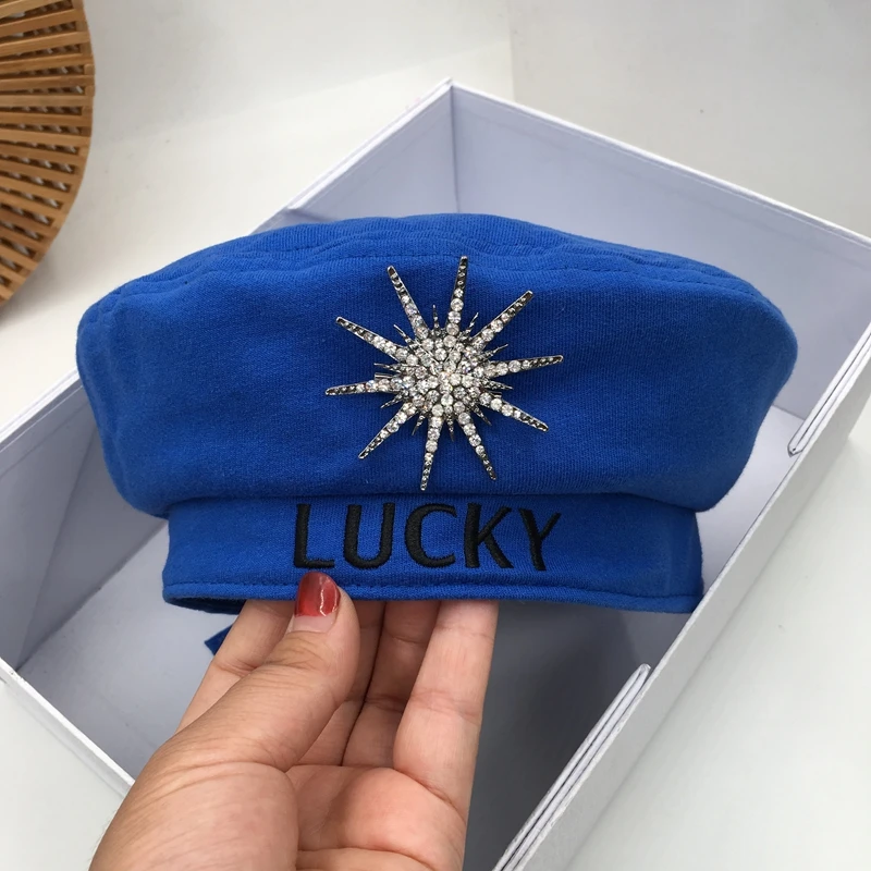 LUCKY берет модный Женский Повседневный хлопоковый берет шляпа для женщин большой алмаз Осень Зима Ретро Шапочка распродажа шапок