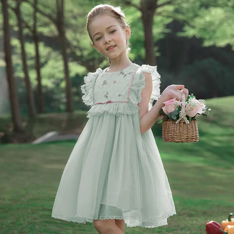 

2021 Summer New Embroidery Girls Dress Sleeveless Ruffles Mesh Patchwork Cute A-Line Kids Clothes for 3-7T