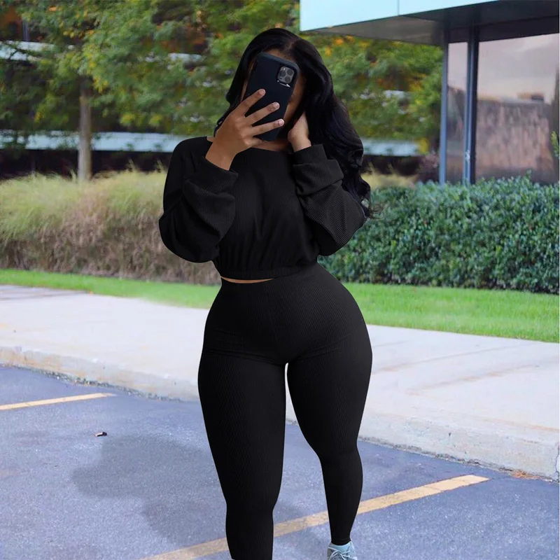 

Ribbed Casual Sweatshirt Pant Suits Women Two Piece Set Tracksuit Long Sleeve Pullover Jumper Tops Legging Outfit Matching Set