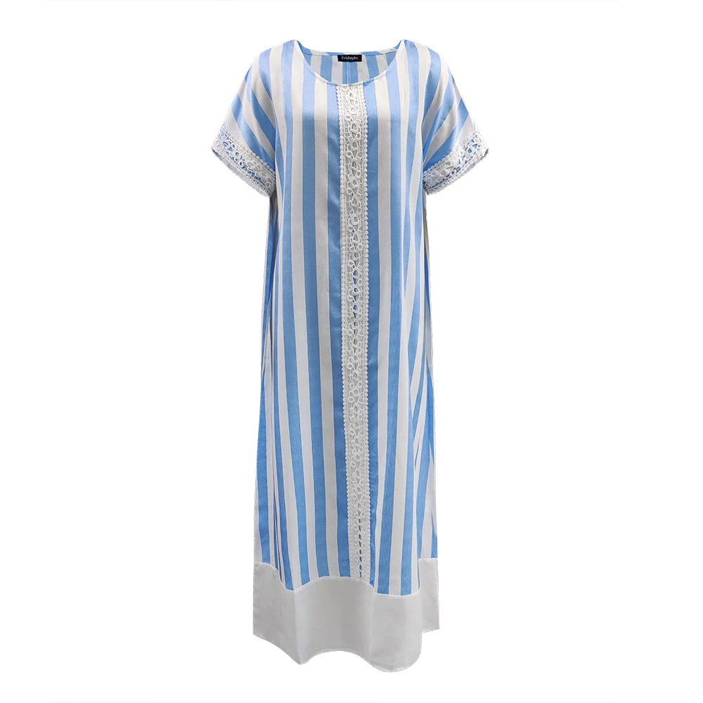 

Fridayin Womens Bohemian Printed Stripe Casual Maxi Dress Ladies Elegant Short Sleeve Loose Beach Vestidos