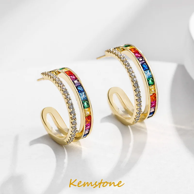 

Kemstone 925 Silver Pins Multicolor Crystal Female Fashion Stud Earrings Gift Jewelry
