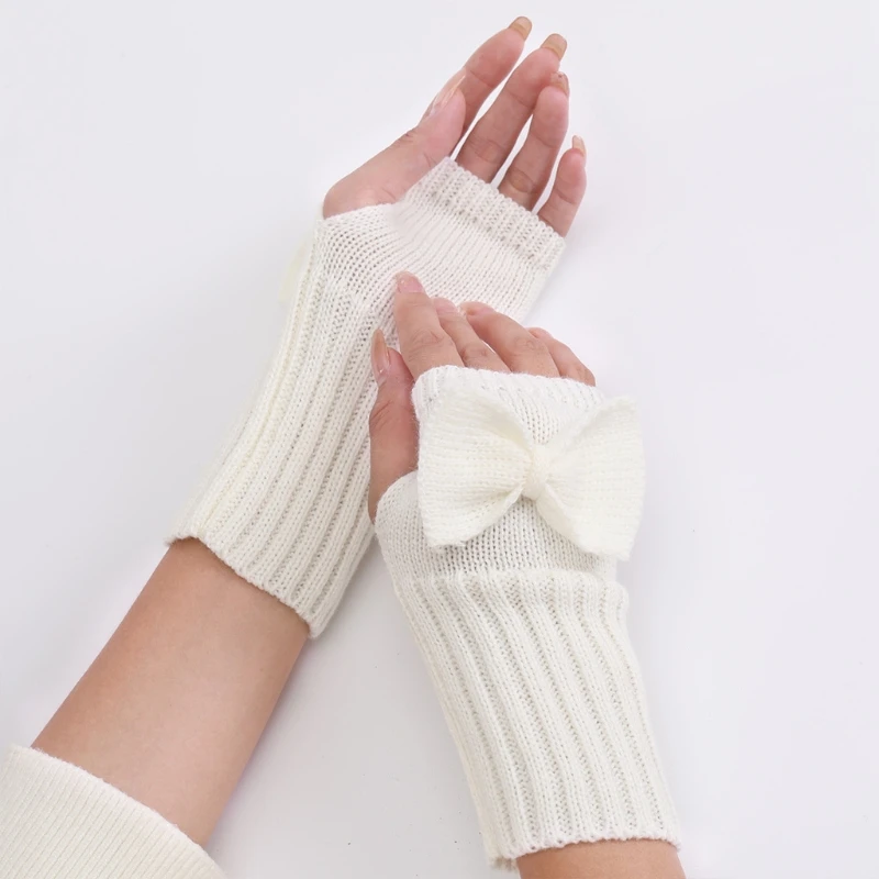 

Women Winter Knit Fingerless Gloves Cute Bowknot Thumb Hole Mittens Arm Warmers