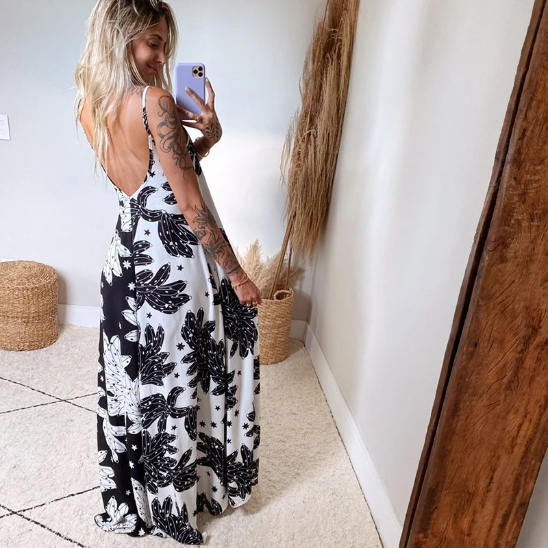 

Beach Boho Print Dress 2021 New Sexy V-neck Sleeveless Loose A-Line Backless Night Dress For Women Vestidos Midi Robe Dos Nue