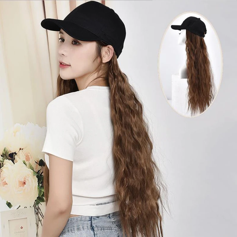 LA Женщины Длинные вьющиеся синтетические волосы с шляпой большой волны