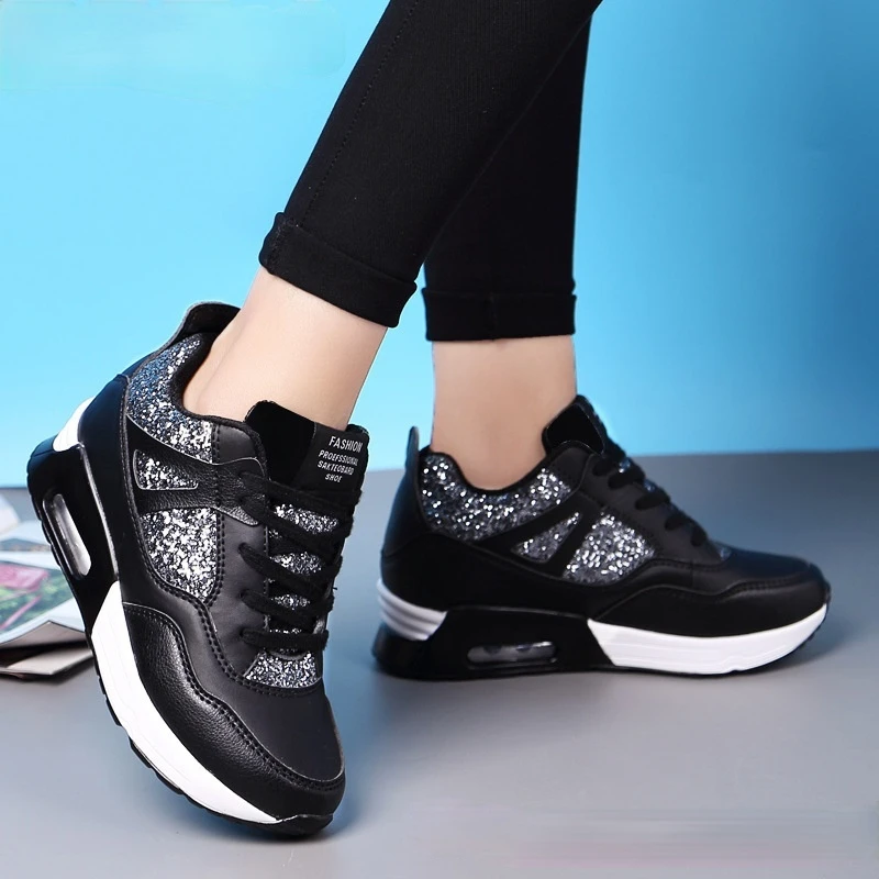 

Spring Elevated Women's Shoes Air Cushion Running Shoes Breathable Sequins Thick-soled Sports Casual Shoes