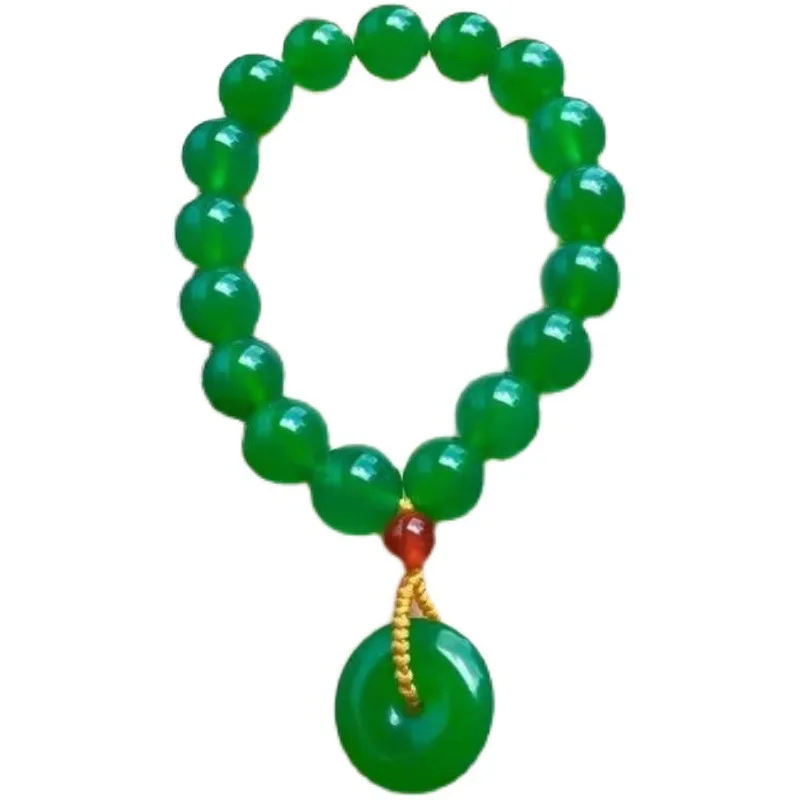 

Genuine Natural Jade Bracelet With Safety Button Green Chalcedony Round Beads Elastic Beaded Bracelets Bangle Women Men Gifts