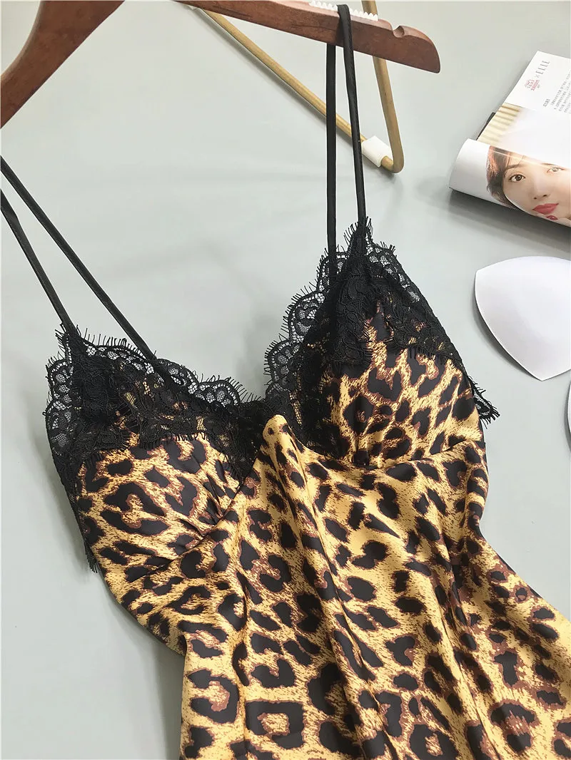 Женская сексуальная ночная рубашка с леопардовым принтом летняя Пижама Черная