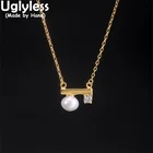 Ожерелье-чокер Uglyless из натурального жемчуга для женщин Элегантный жемчуг Квадратные фианиты Кристаллы подвески ожерелья 925 серебро + цепи