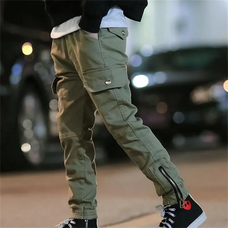Популярные штаны для мальчиков штаны с большим карманом весенне-осенние повседневные детские рабочие штаны удобные хлопковые брюки - Цвет: Army Green